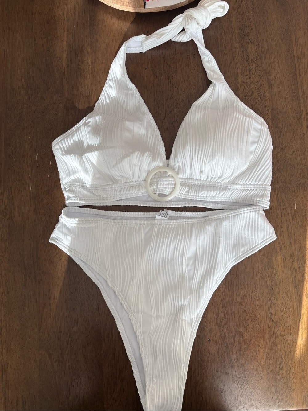 White Ribbed Halter Bikini Set with Decorative Ring